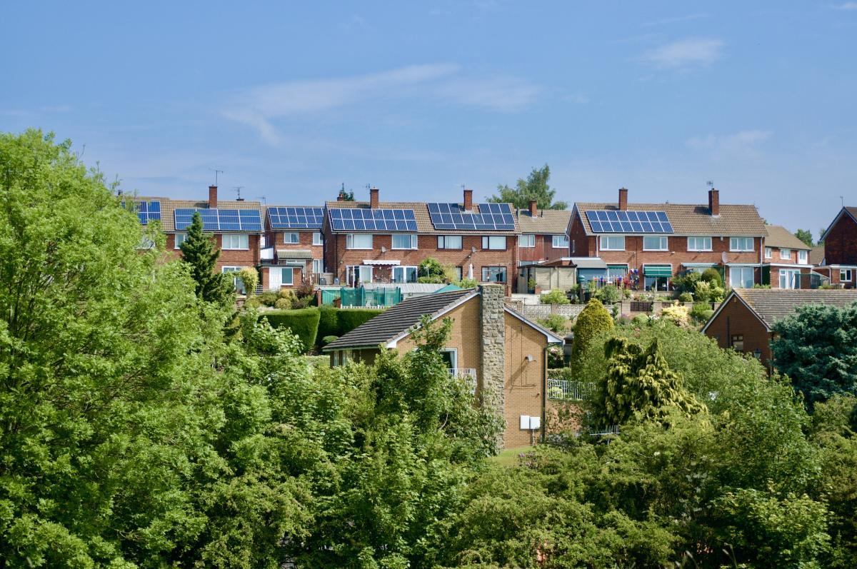 Village housing with solar panels on roof with trees in foreground. Credit: Ray Keller