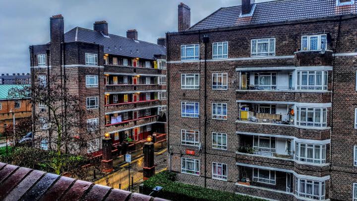 Two apartment blocks with LED lights